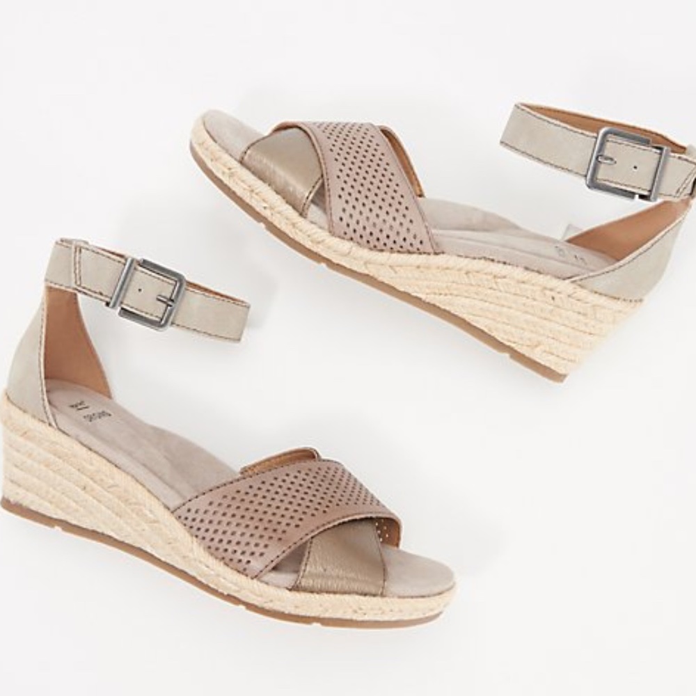 Cognac Genuine Leather Perforated Comfort Wedges - Picture 1 of 7
